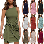 Solid Color Irregular Waistband Round Neck Sleeveless Dresses Wholesale Womens Clothing N3824052000007