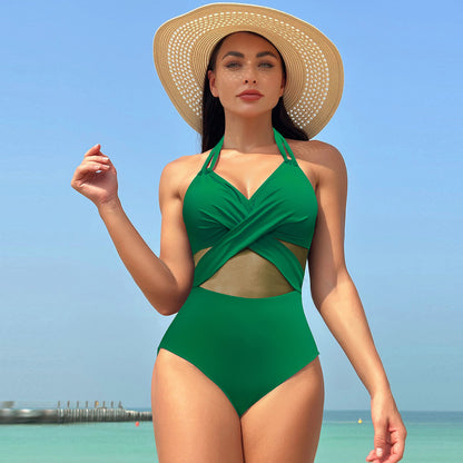 Women's Solid Color Mesh Halter Neck Deep V One-piece Swimsuit Wholesale Womens Clothing N3824012000008