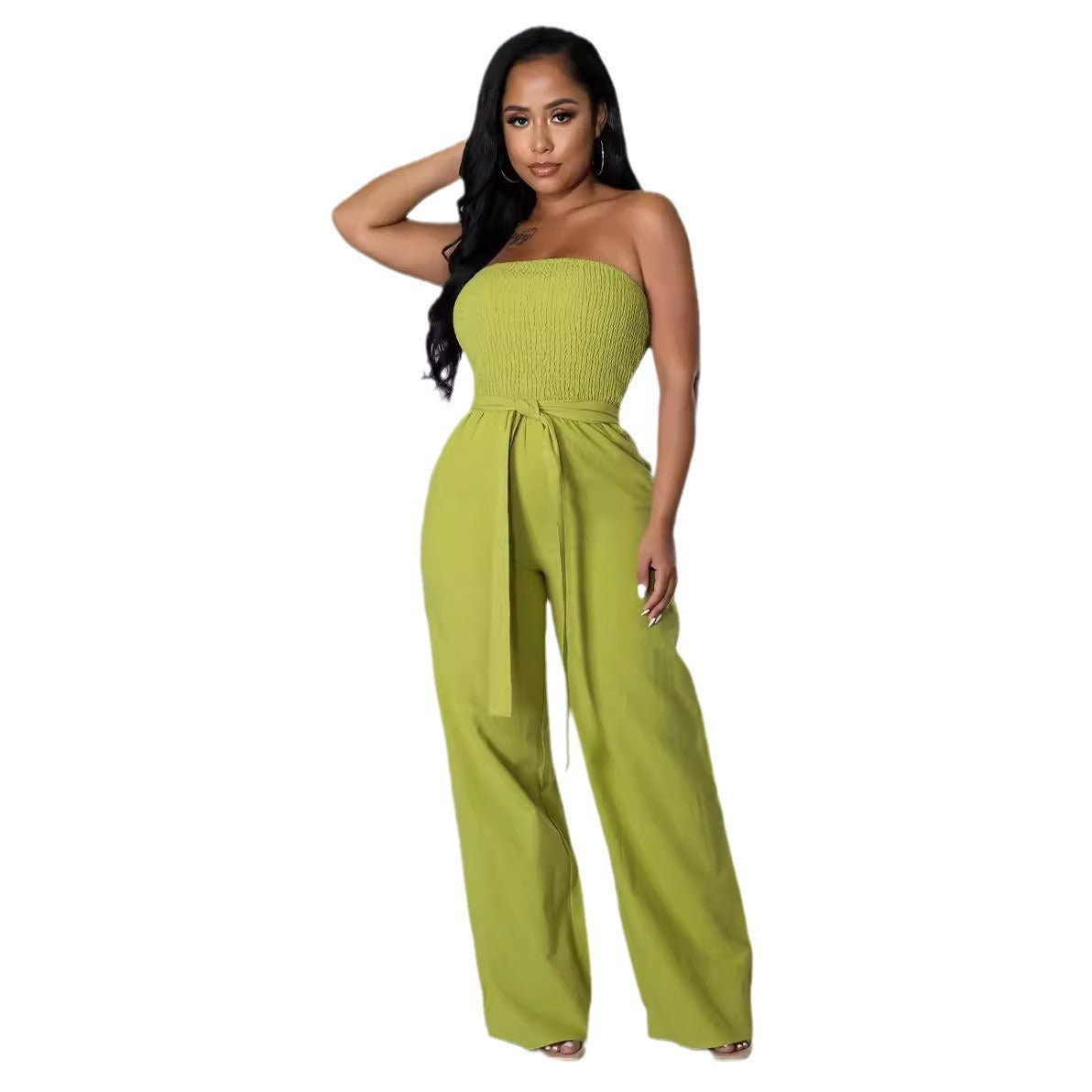 Off-Shoulder Smocked Solid Color High Waist Jumpsuit Wholesale Womens Clothing N3824071000022