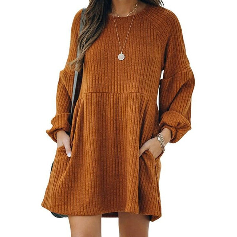 Casual Long Sleeve Solid Color Ribbed Knit Dress Or With Belt Wholesale Dresses