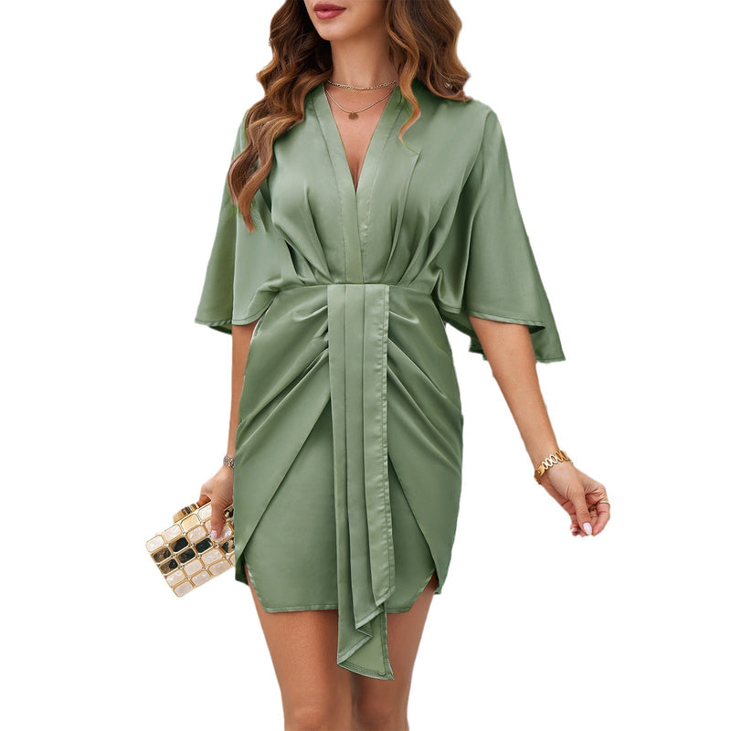 V-Neck Solid Color Waist Dress Wholesale Womens Clothing N3824040100119