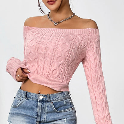 Solid Colour Sexy Cropped Pink One Neck Strapless Knitted Sweater Wholesale Womens Clothing N3824091200154