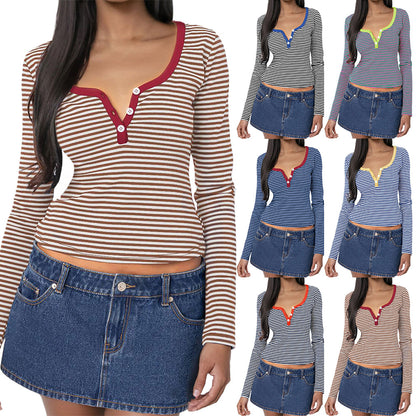 Contrast Striped Knit Top Button Front Shoulder t-shirt Wholesale Womens Tops N3824091200007