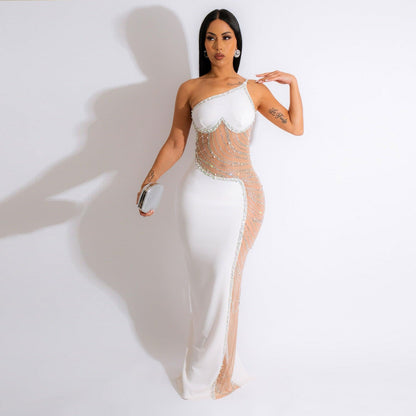 Sexy Pearl Hot Drill See-Through Mesh Oblique One-Shoulder Dress Wholesale Dresses