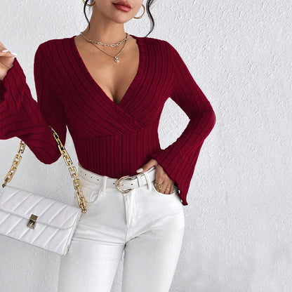 V-Neck Trumpet Sleeve Burgundy Slim Fit Bottoming Tops Wholesale Womens Clothing N3824070500018