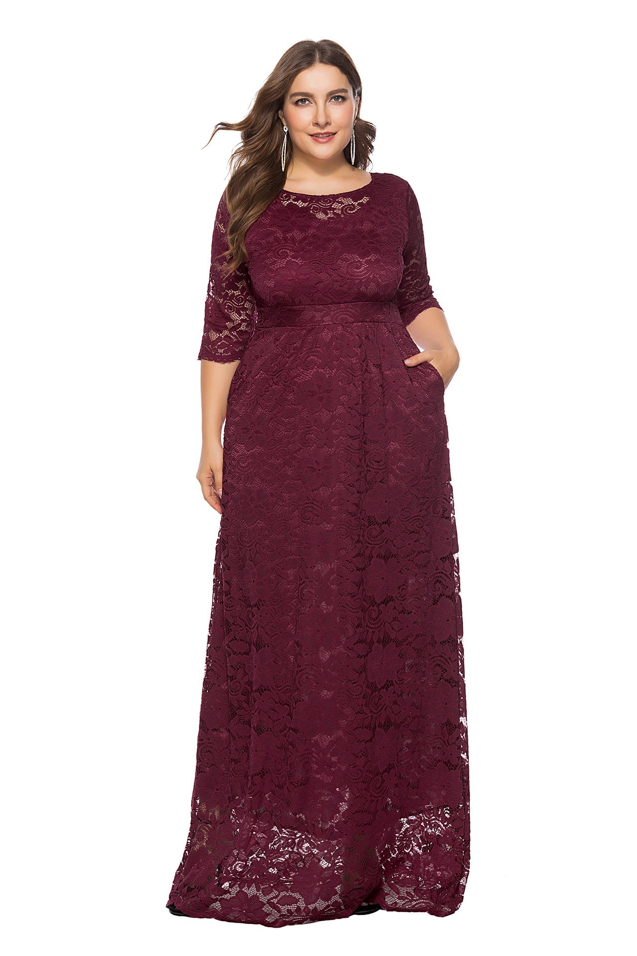 Plus Size Hollow Short Sleeve Lace Pocket Dress Evening Maxi Dresses Wholesale Womens Clothing N3824080300016