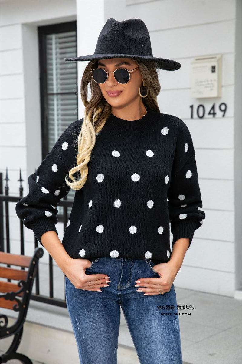 Casual Long Sleeve Dot Printed Crew Neck Sweater Wholesale Womens Tops