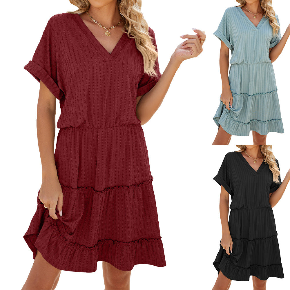 Solid Color V-Neck Loose Short Sleeve Patchwork Dresses Wholesale Womens Clothing N3824052000098