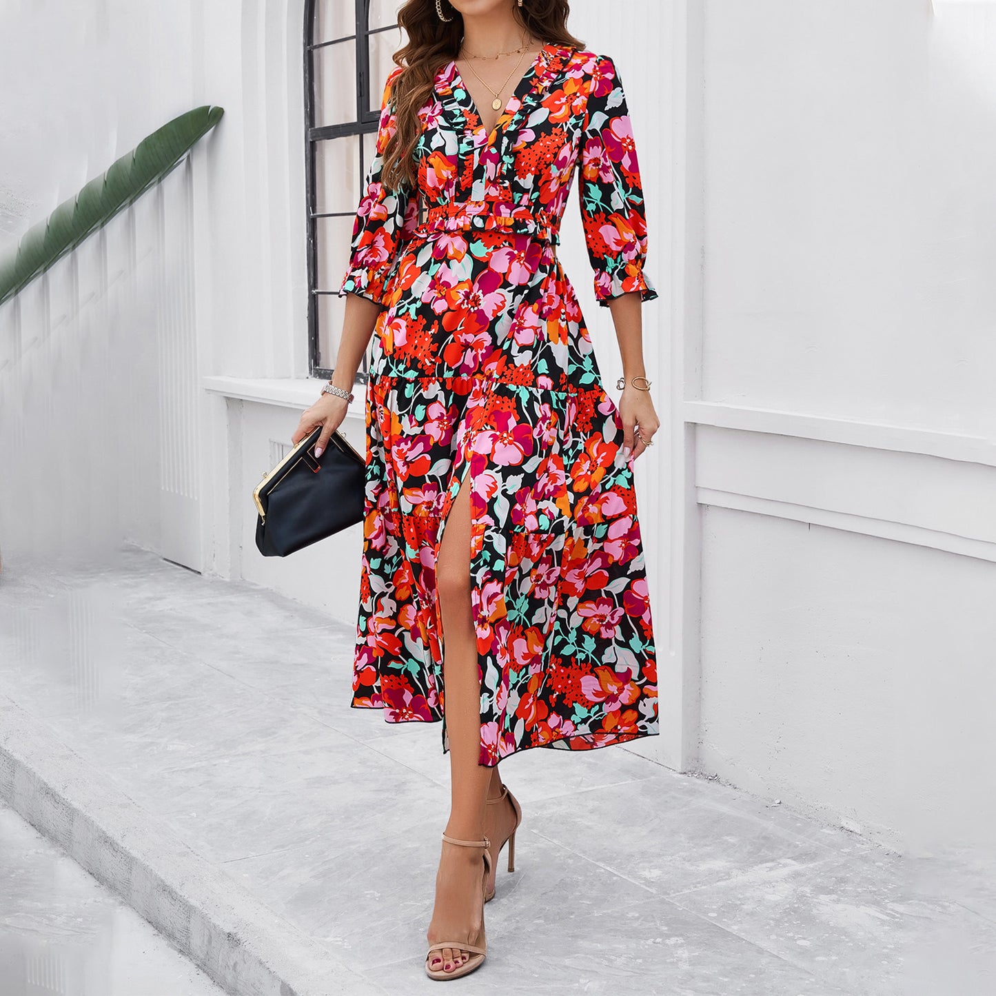 Holiday Casual Printed  V-Neck Dresses Wholesale Womens Clothing N3824040700280