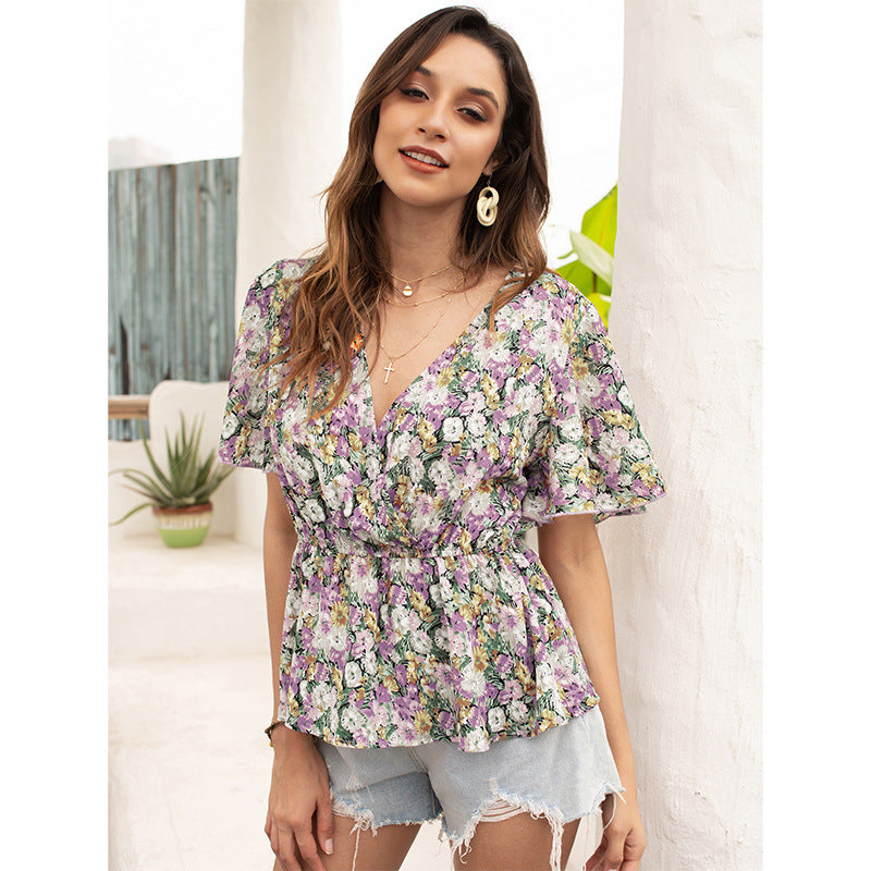 Fashion V-Neck Ruffle Sleeve Floral Waist Shirt Wholesale Womens Tops