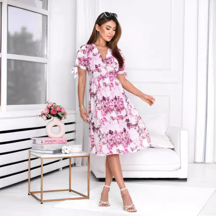 Summer Floral Printed V-Neck Short Sleeve Midi Dress Wholesale Womens Clothing N3824052000033