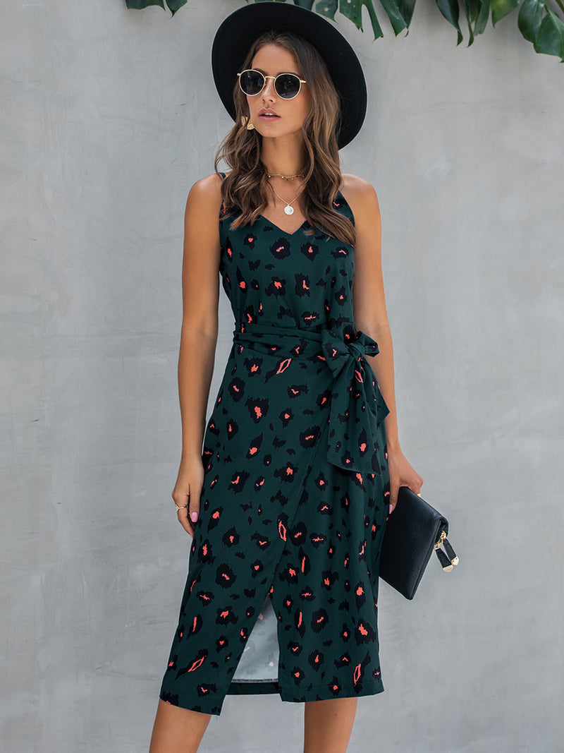 Women's Leopard Print Slit Midi Length Strap Dress Wholesale Womens Clothing N3824010500025