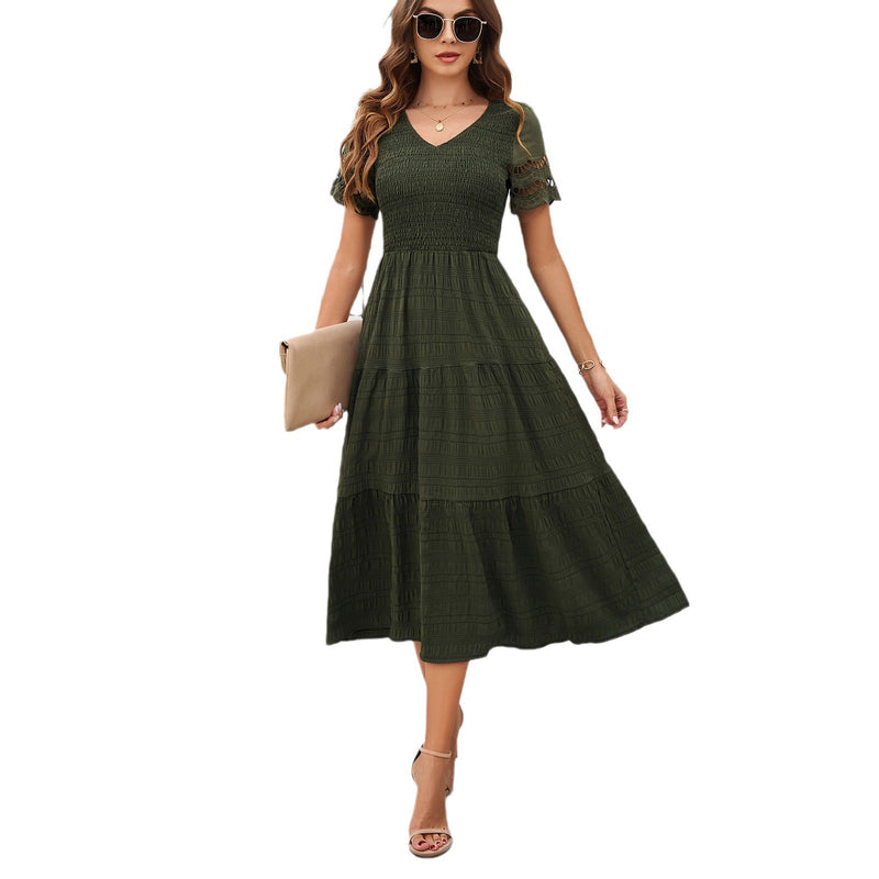 Solid Color Short Sleeve V-Neck Dresses Wholesale Womens Clothing N3824040700279
