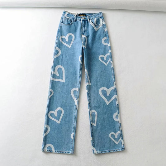 Heart-Print Wide-Leg Loose-Fit Straight-Leg High-Rise Jeans Wholesale Women'S Bottom