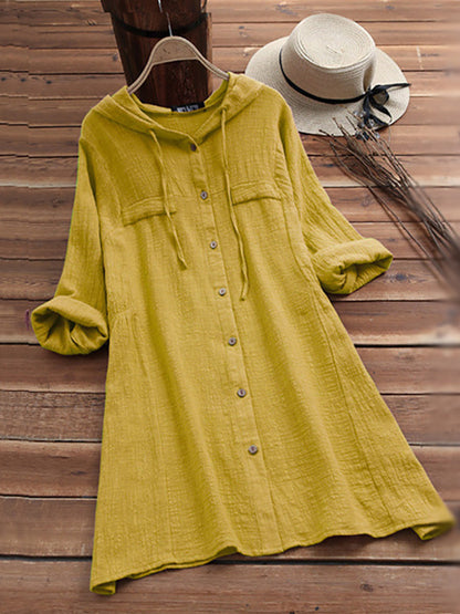 Hooded Loose Button Mid Length Long Sleeve Shirts Wholesale Womens Clothing N3824091200014