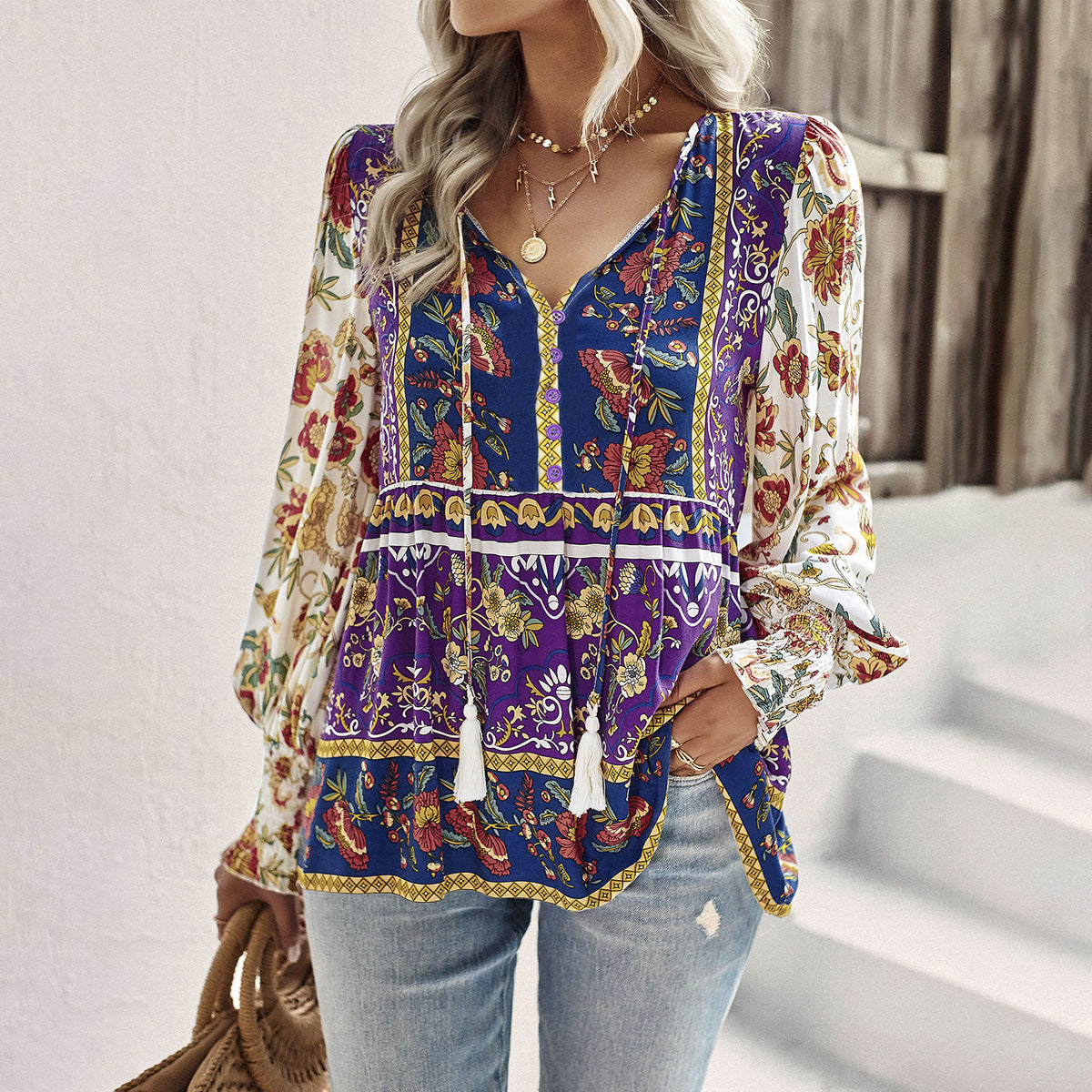 Bohemian Casual Floral Print Long Sleeve Shirt Wholesale Womens Tops