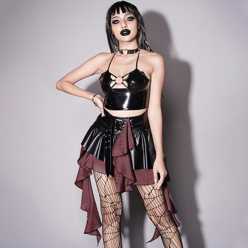 Dark Punk Gothic Mirror Leather Strap Cutout Crop Tops Wholesale Women'S Tops