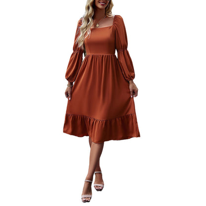 Casual Solid Color Square Neck Long Sleeve Long Dress Wholesale Dresses