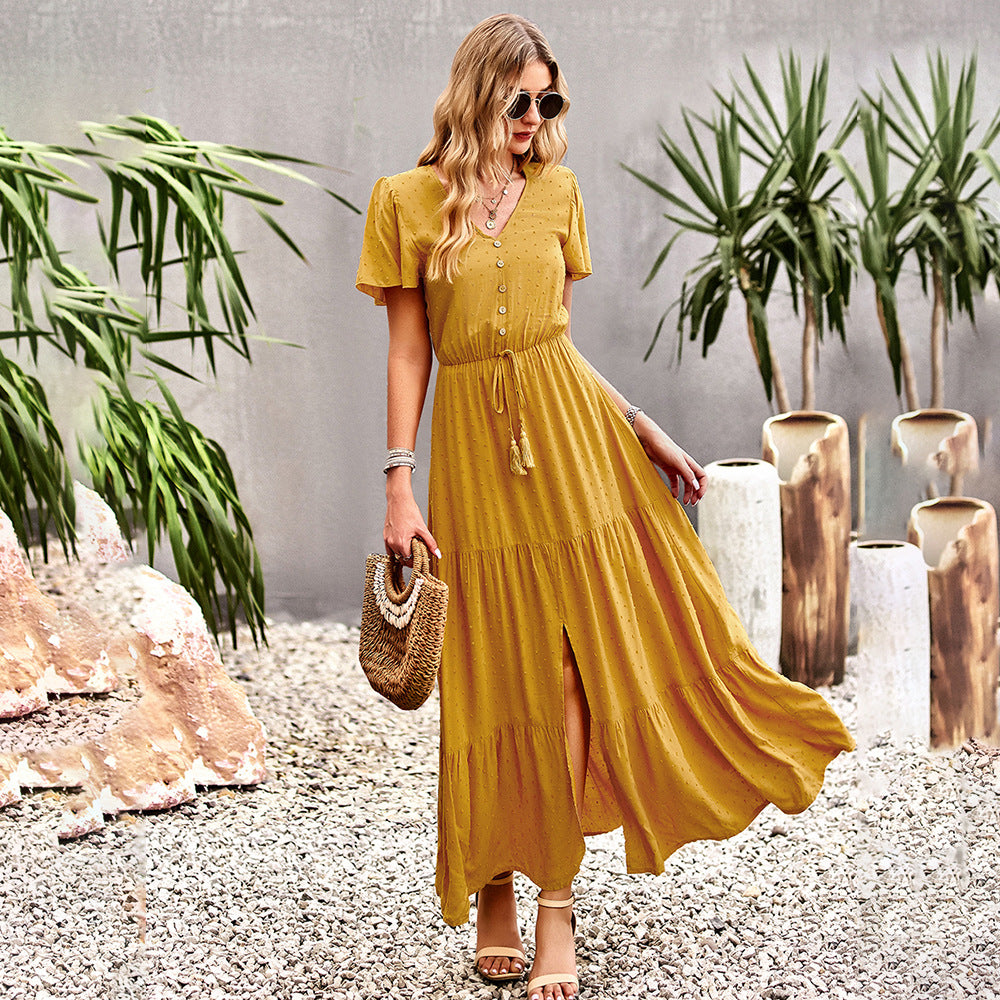 Casual Solid Color Fly Fly Sleeve V-Neck Button High Waist A-Line Dress Wholesale Dresses