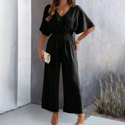 Short-Sleeved Solid Color Casual Wide-Leg Jumpsuit Wholesale Womens Clothing N3824062100011