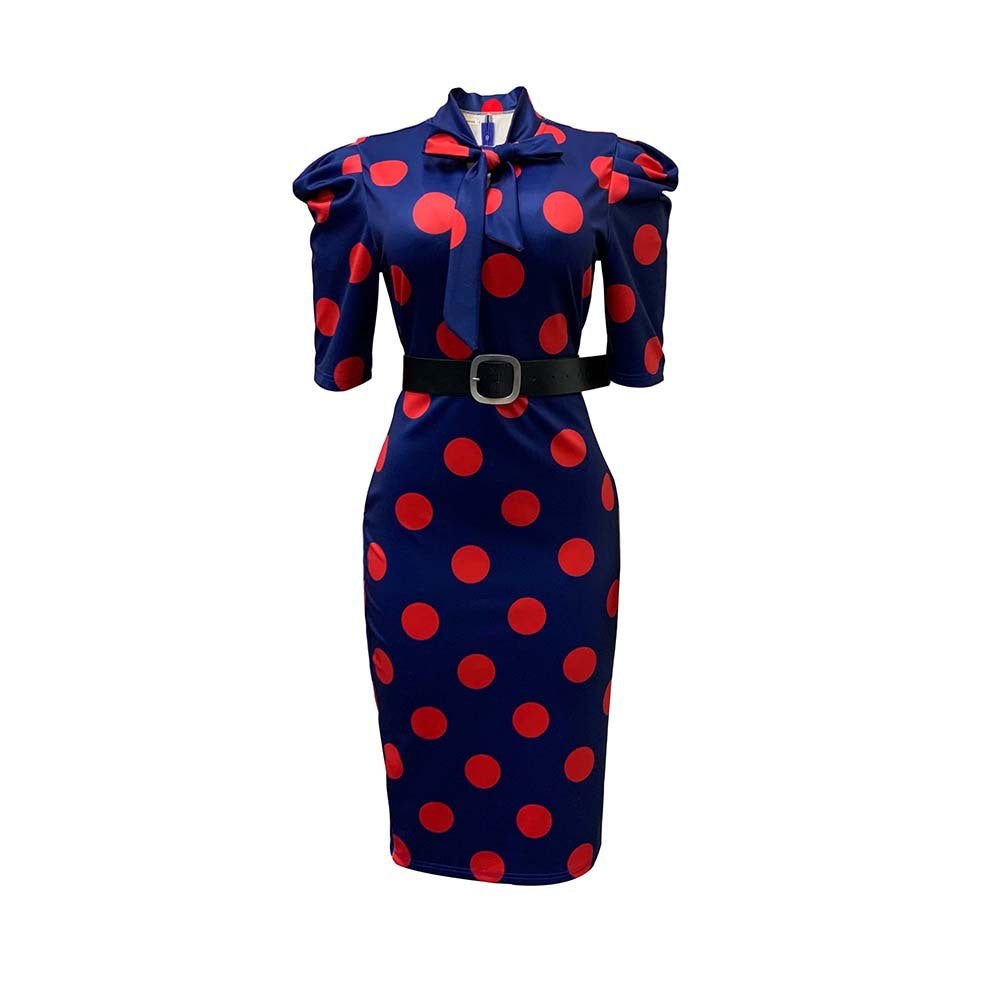 Fashion Bow Lacing Polka Dot Pencil Dress With Belt Wholesale Dresses