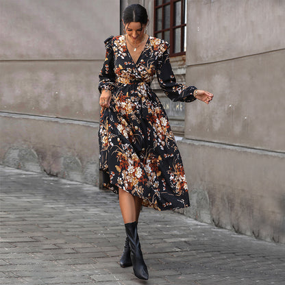 V-Neck Floral Print Long Sleeve Mid-Length Dresses Wholesale Womens Clothing N3824091200041