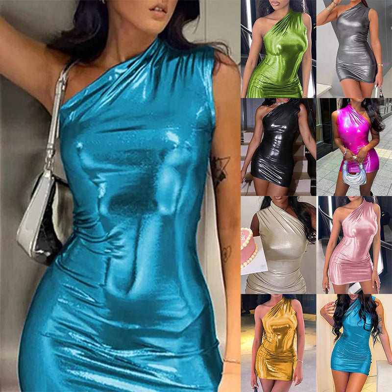 Sexy Slant Shoulder Solid Color Dress Slim Sleeveless Wrap Dresses Wholesale Womens Clothing N3824052000012