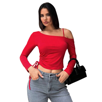 Fall T-Shirts Lace-Up Short Red Crop Tops Wholesale Womens Clothing N3824072000227