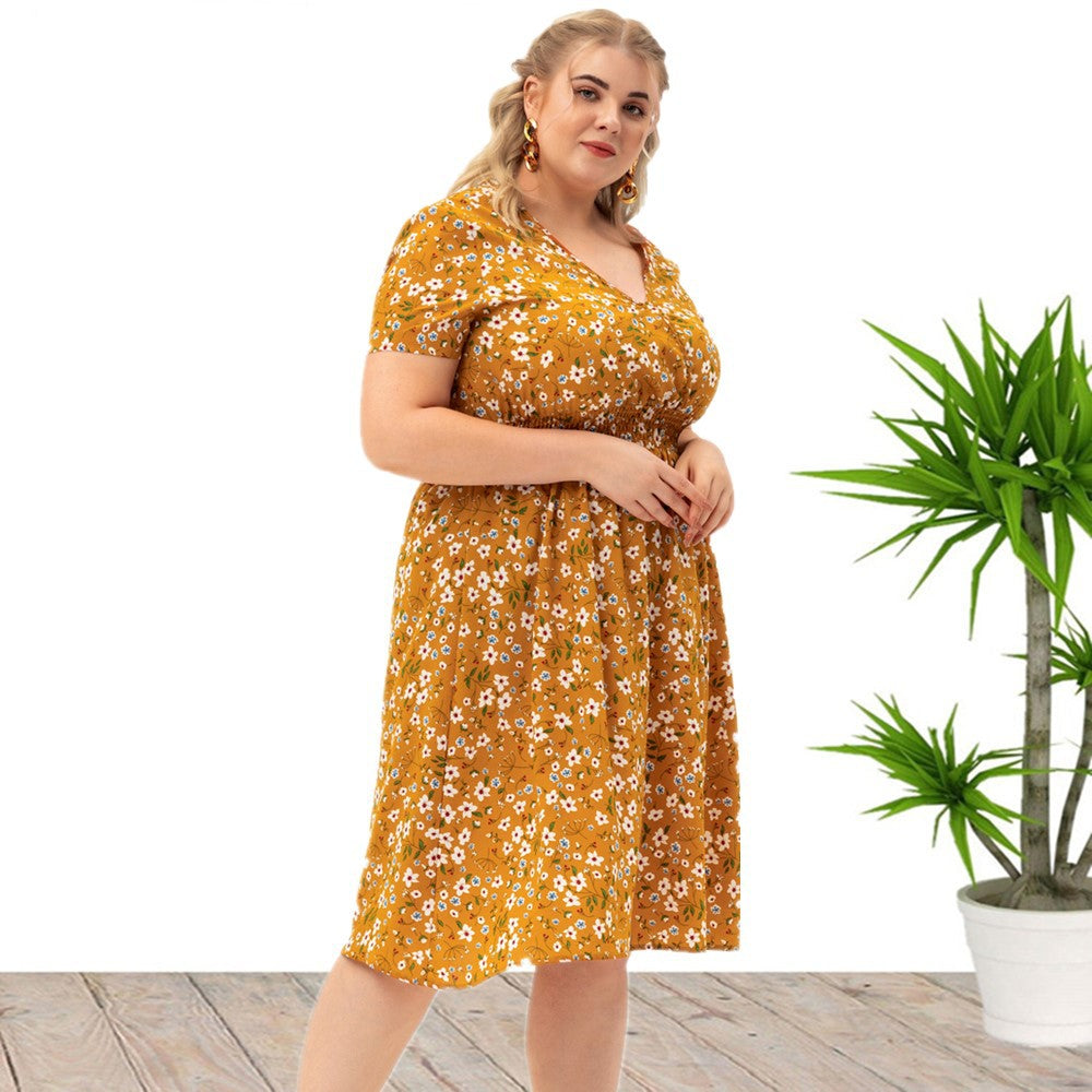 Plus Size Short Sleeve Floral Printed Midi Dresses Wholesale Womens Clothing N3824080300045