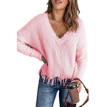 Loose Solid Color Fringe Hem Long Sleeve Pullover Knit Sweater Wholesale Womens Tops