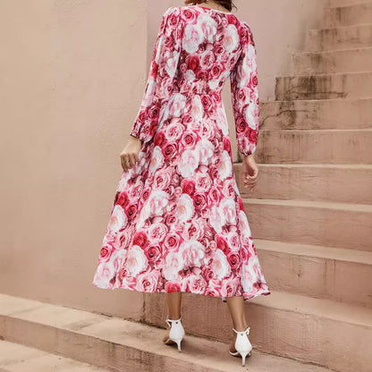 Rose Print Deep V Neck Dress with Waist and Lantern Sleeves Wholesale Womens Clothing N3824091000091