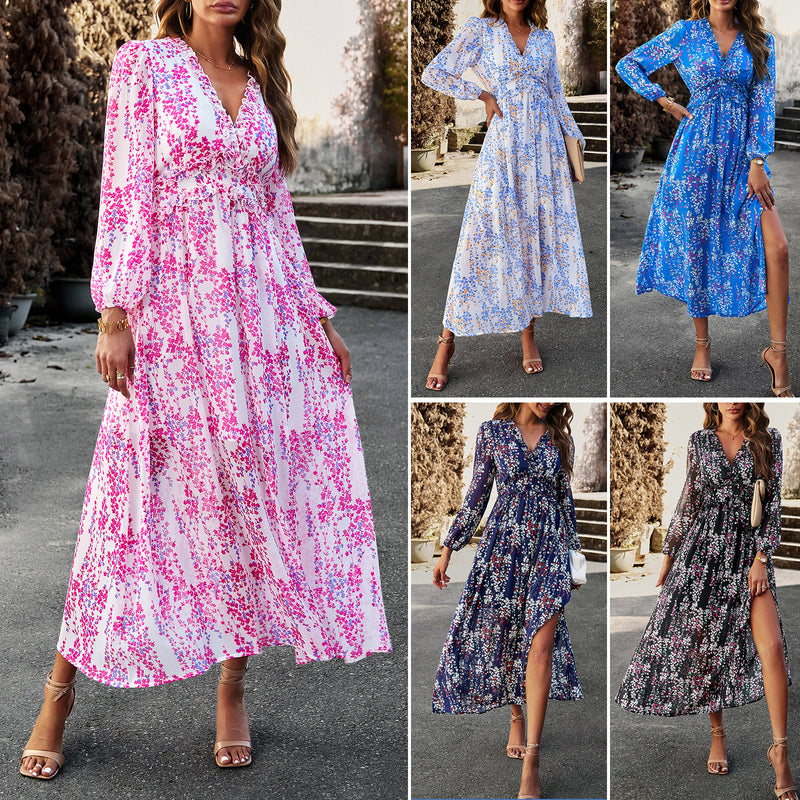 Casual V-Neck Long Sleeve Chiffon Floral Dress Wholesale Dresses