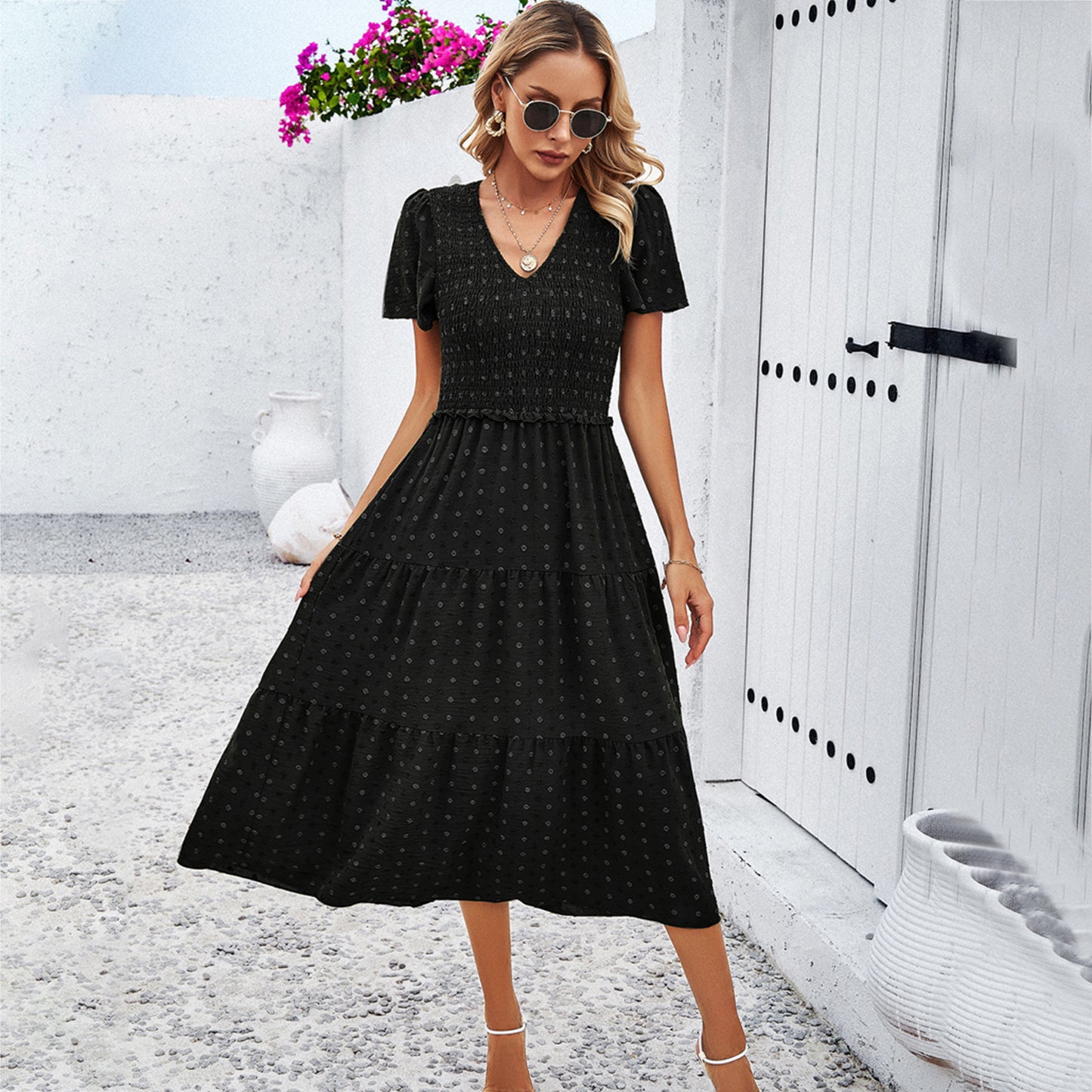 Women's Polka Dot V Neck Short Sleeve Dresses Wholesale Womens Clothing N3823122900120