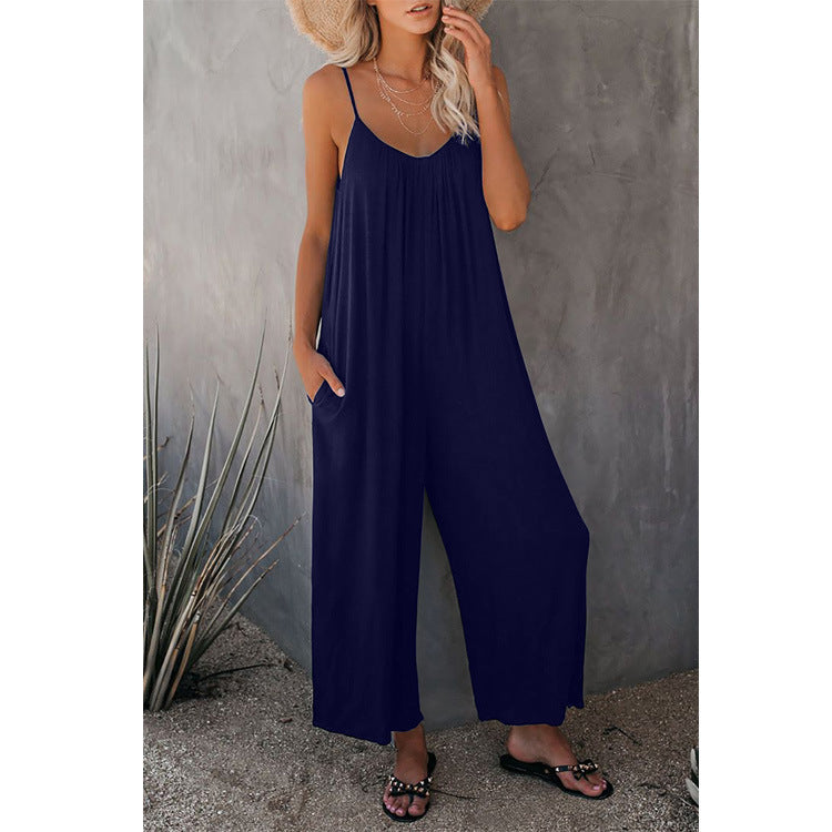 Solid Color Insert Pockets Loose Casual Halter Jumpsuit Wholesale Jumpsuits
