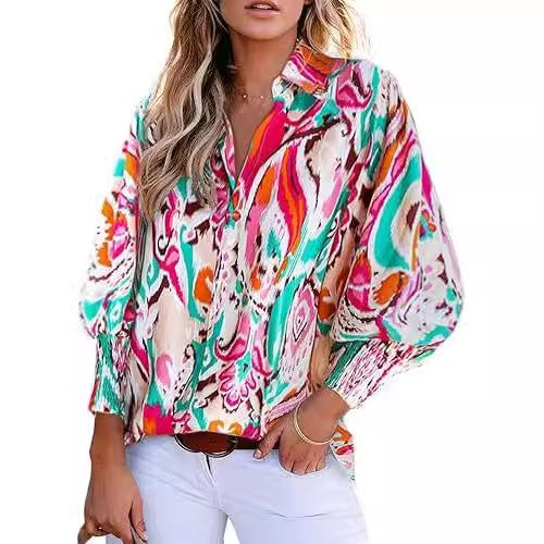 Long-Sleeved Printed Blouses With Lapel And Lantern Sleeves Wholesale Womens Tops N3824091200175