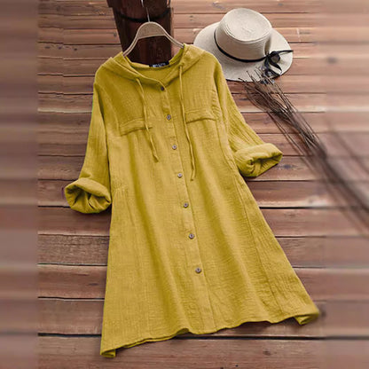 Hooded Loose Button Mid Length Long Sleeve Shirts Wholesale Womens Clothing N3824091200014