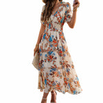 Women's Elegant Floral Waist Short Sleeve Maxi Dresses Wholesale Womens Clothing N3823122900112