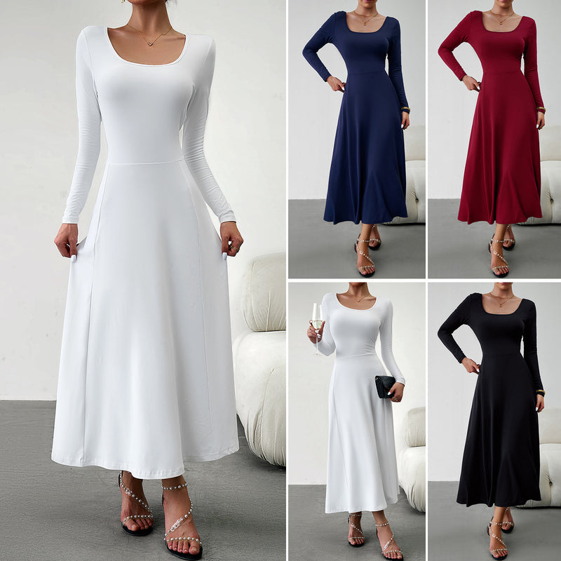 Elegant Solid Color U Neck Waisted Long Sleeve Dress Wholesale Dresses