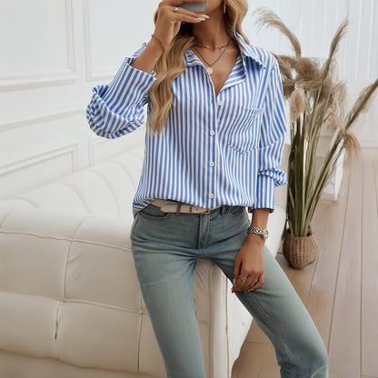 Striped Long Sleeve Lapel Shirts Wholesale Womens Clothing N3824080700062