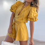 Solid Color Piled Sleeves Tops And High-Waisted Shorts Wholesale Womens 2 Piece Sets N3823100900079