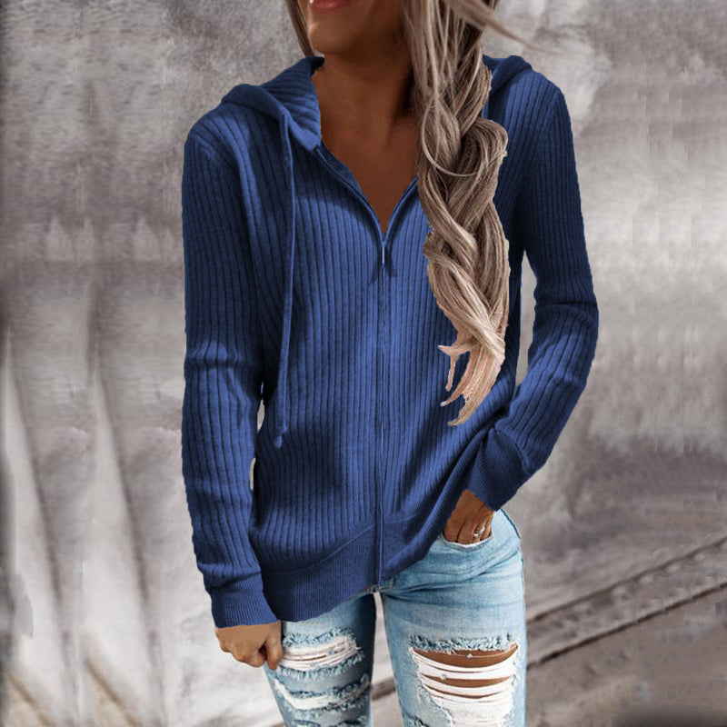 Casual Solid Color Striped Long Sleeve Zipper Hooded Knit Cardigan Wholesale Womens Clothing