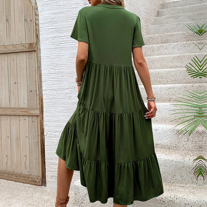 V-Neck Green Midi Dresses Shorts Sleeve Summer Wholesale Womens Clothing N3824062800039