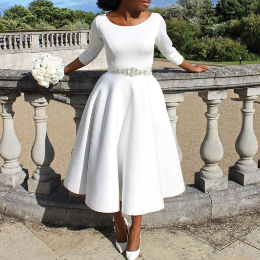 Fashion Solid Color Long Sleeve High Waist A-Line Dress Wholesale Dresses