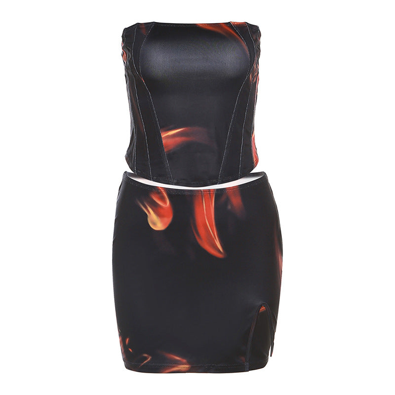 Off-Shoulder Crop Tops Low Waist Skirt Flame Print Suit Wholesale Womens Clothing