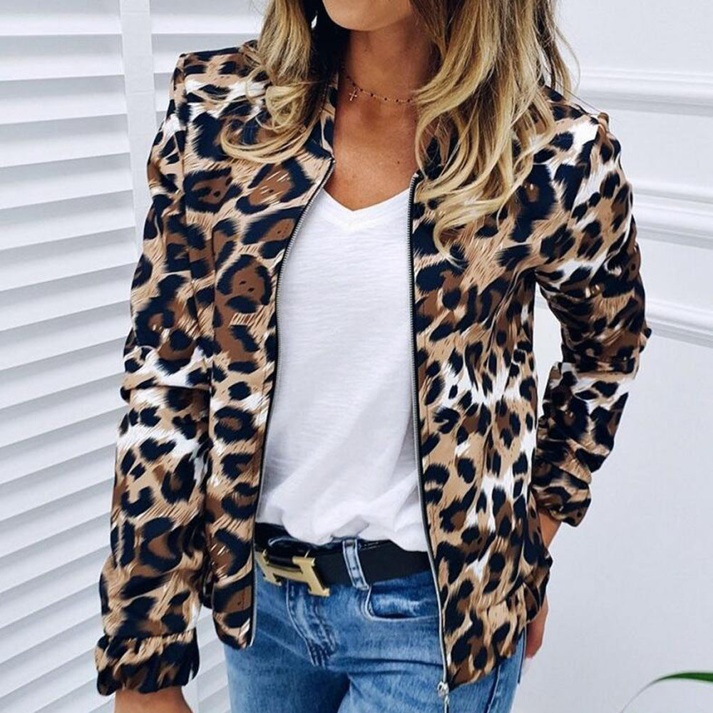 Fashion Leopard Print Small Stand-Up Collar Zipper Long Sleeve Jacket Wholesale Womens Clothing