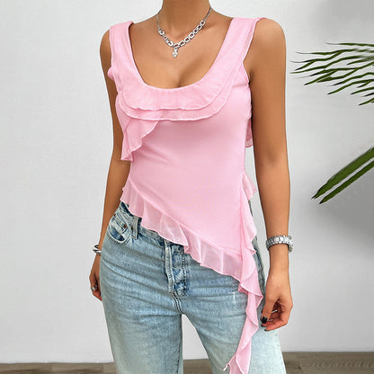 Solid Color Ruffled Sleeveless U Neck Mesh Tops Wholesale Womens Clothing N3824040700276