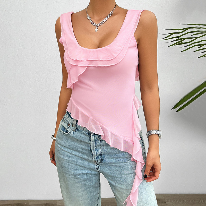 Solid Color Ruffled Sleeveless U Neck Mesh Tops Wholesale Womens Clothing N3824040700276