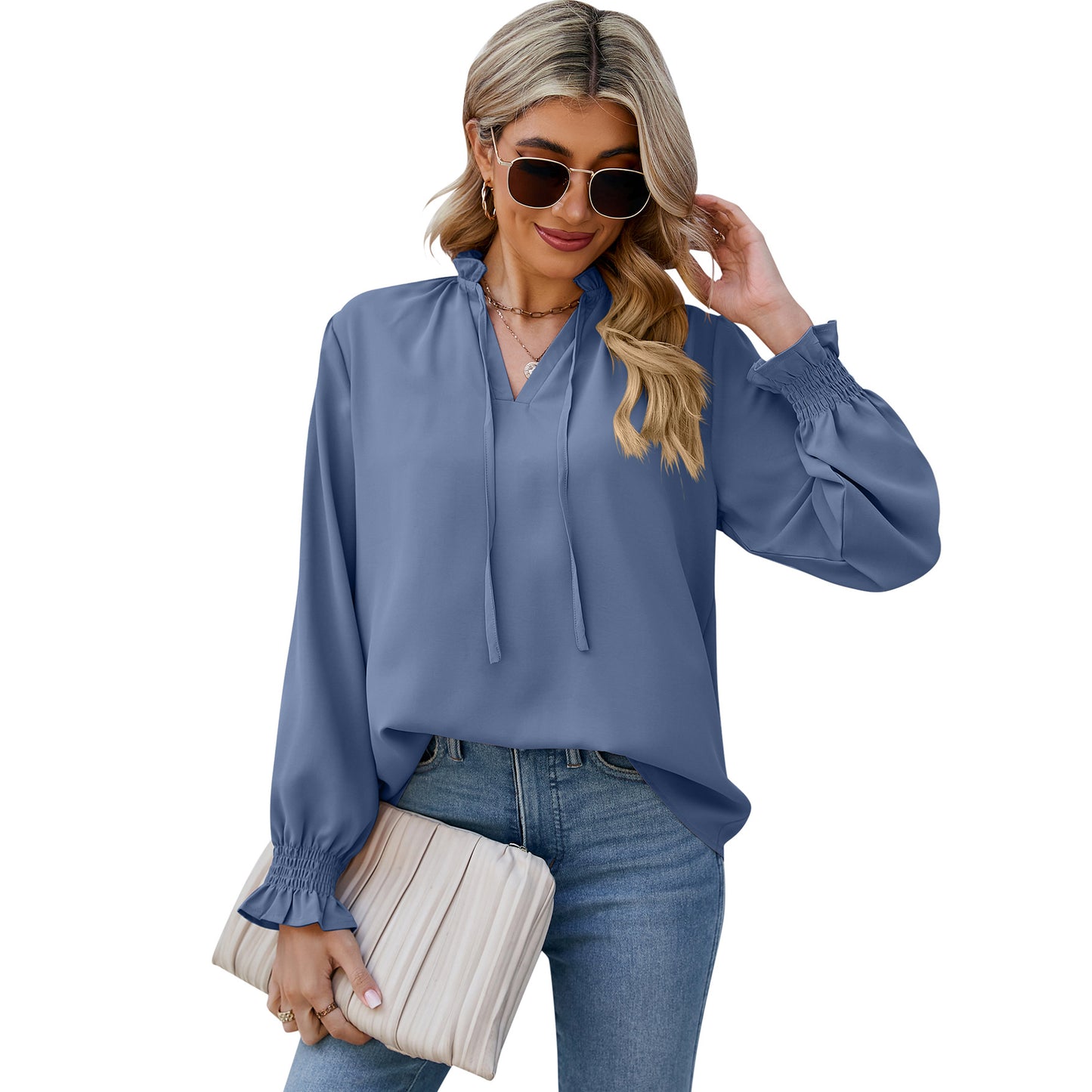 Loose Soft Long Sleeve V-Neck Tie Chiffon Shirt Wholesale Womens Tops