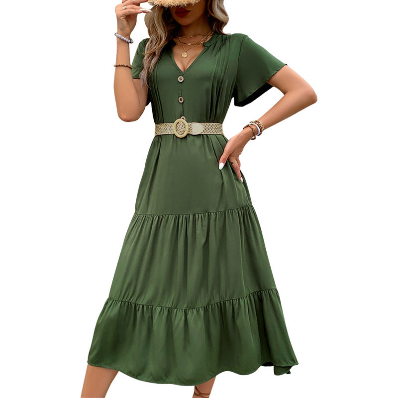 V-Neck Green Midi Dresses Shorts Sleeve Summer Wholesale Womens Clothing N3824062800039