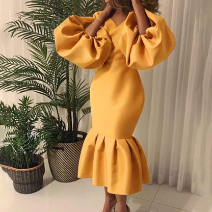 Fashion Solid Color V-Neck Bubble Long Sleeve Fishtail Dress Wholesale Dresses